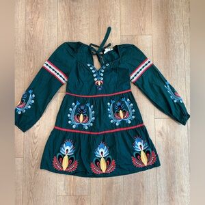Anthropologie Let Me Be Embroidered Tunic Mini Dress XS Green Boho Long Sleeve